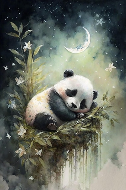 A panda sleeping on a ledge with a moon and stars in the background.