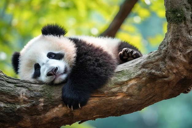 Photo a panda sleeping on a tree branch with the sun shining on it