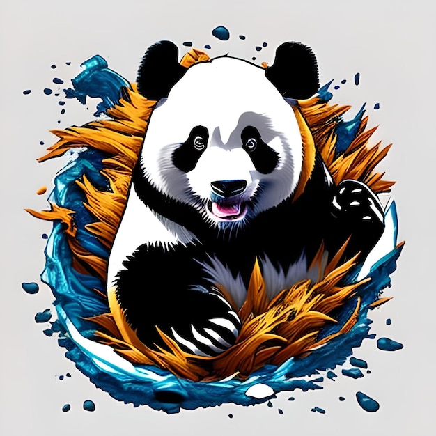 Panda splash shirt design with sunburst graphic manga style on white background