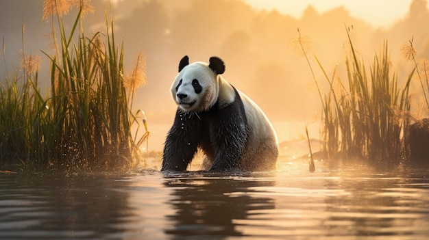 Panda standing on the edge of the lake at sunrise