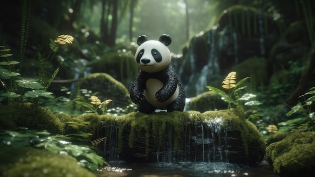 A panda stands on a rock in a forest.