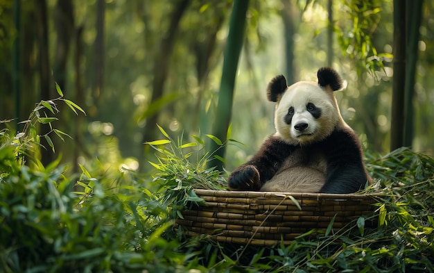 Panda surrounded by bamboo Generative AI