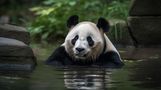 A panda swims in a pond in the zoo.