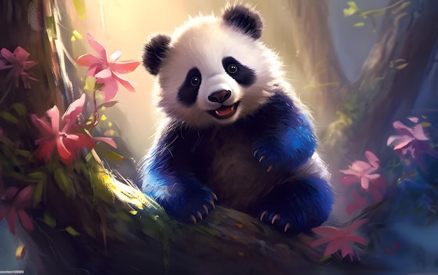 Panda on a tree with flowers