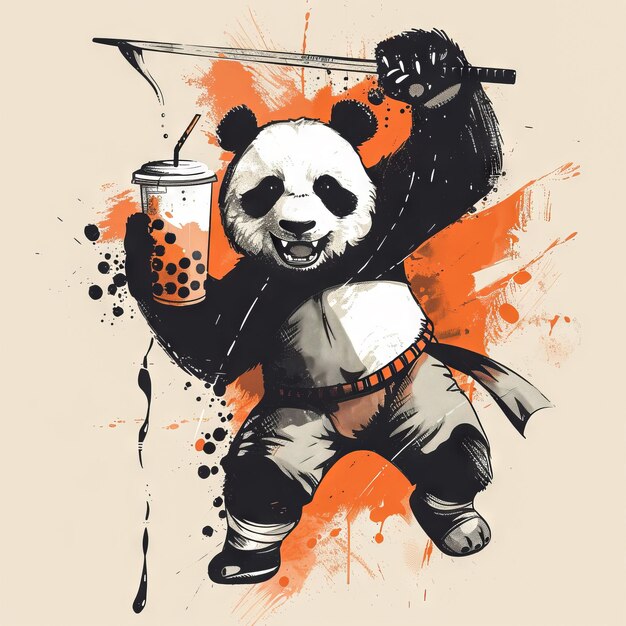 Panda warrior with boba tea Logo