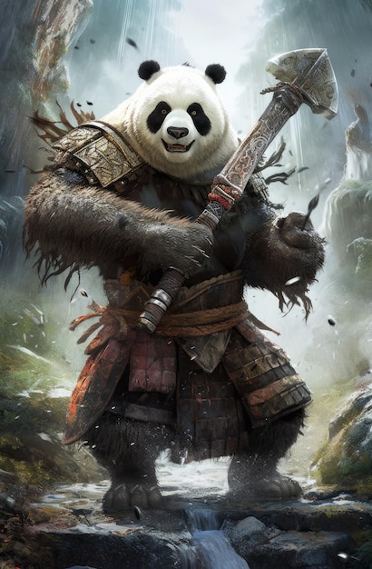 A panda warrior with a sword in his hands.