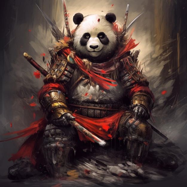 A panda warrior with a sword and a red cape.