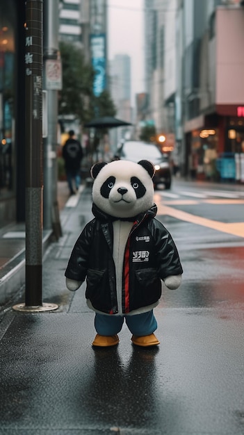 Panda wearing a black jacket standing on a street