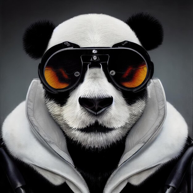 A panda wearing goggles and a leather jacket is sitting on a black background.