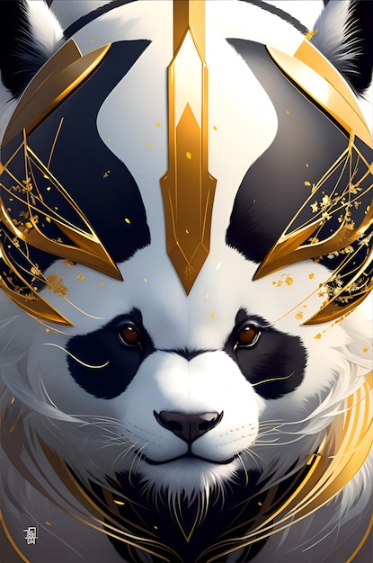 A panda wearing a helmet with gold and gold paint.