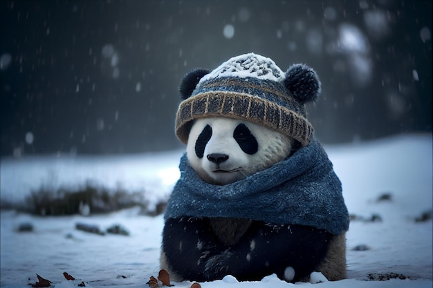 Foto panda che indossa abiti invernali nella neve, simpatico cappello da panda