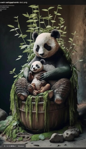 A panda with a baby sitting on a bucket