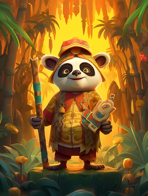 A panda with a bamboo stick and a hat is standing in a forest