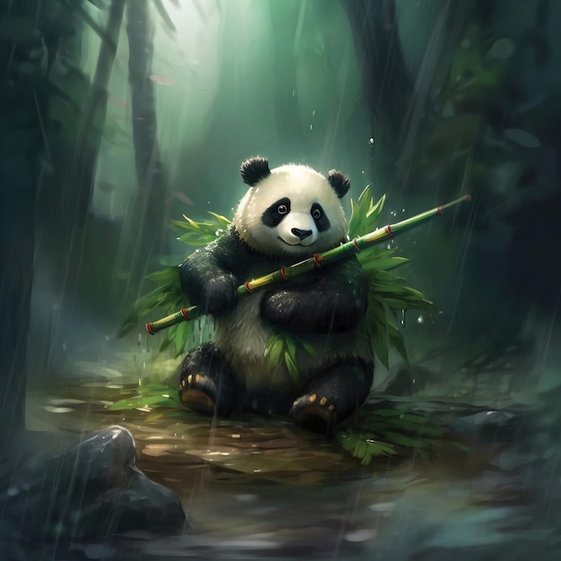 写真 雨の背景に竹の棒を持つパンダ