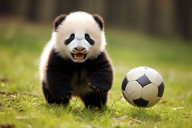 草の中の黒い目とサッカーボールを持つパンダ