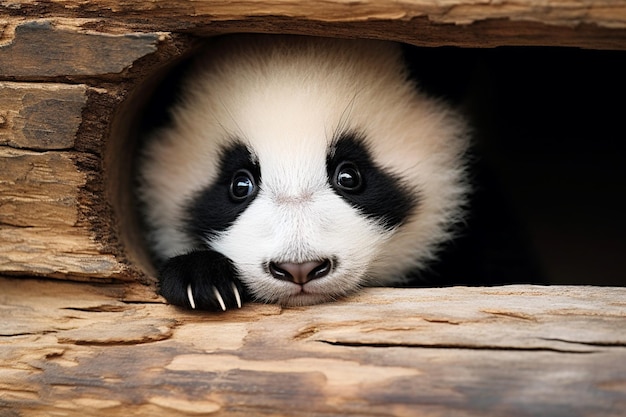 a panda with a black face and eyes looking out of a hole