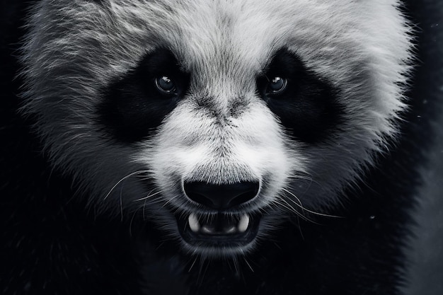 a panda with a black nose and a white face that says panda