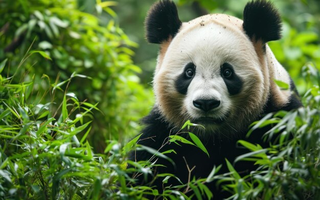 Panda with black and white fur in a green backdrop