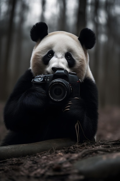 Photo a panda with a camera in his hands