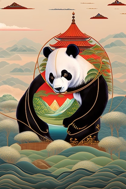 A panda with a chinese landscape in the background