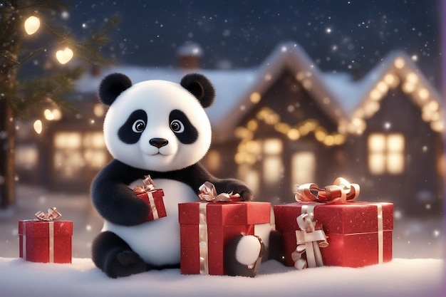 Panda with Christmas gifts in the snow blurry background with beautiful lights in houses