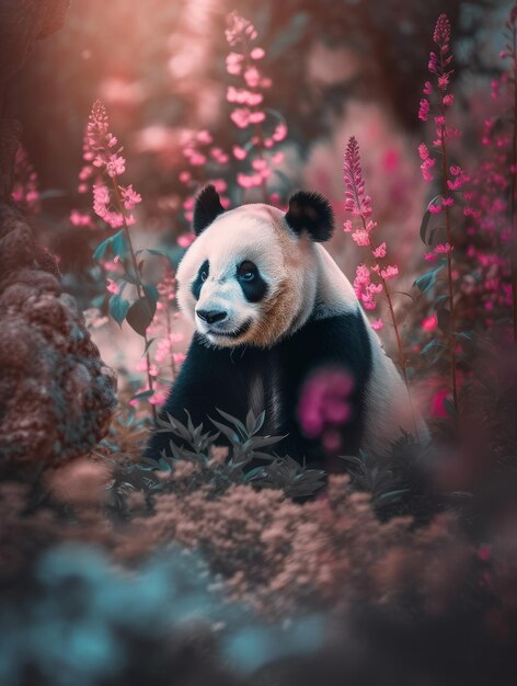 Photo panda with dreamy flower fine art