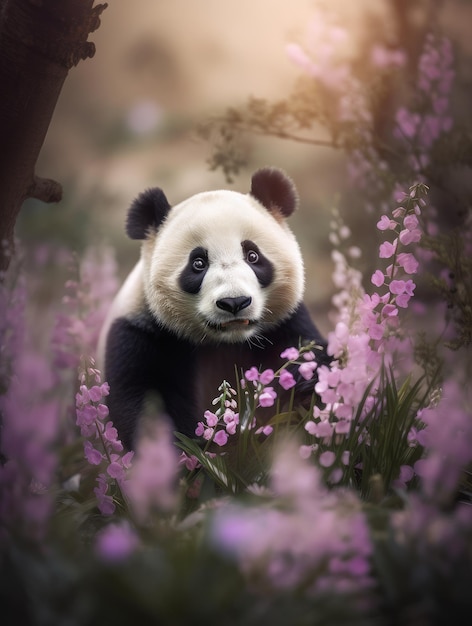 Photo panda with dreamy flower fine art