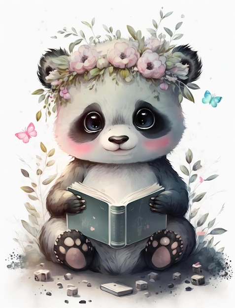 A panda with a flower crown reading a book.