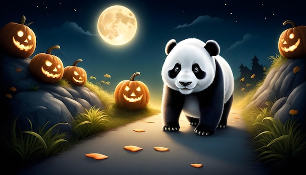 Photo panda with halloween pumpkin