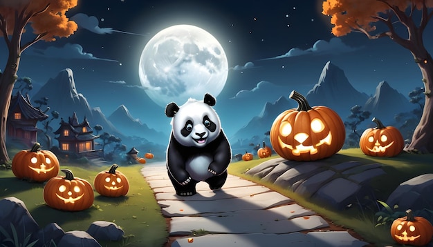 Photo panda with halloween pumpkin