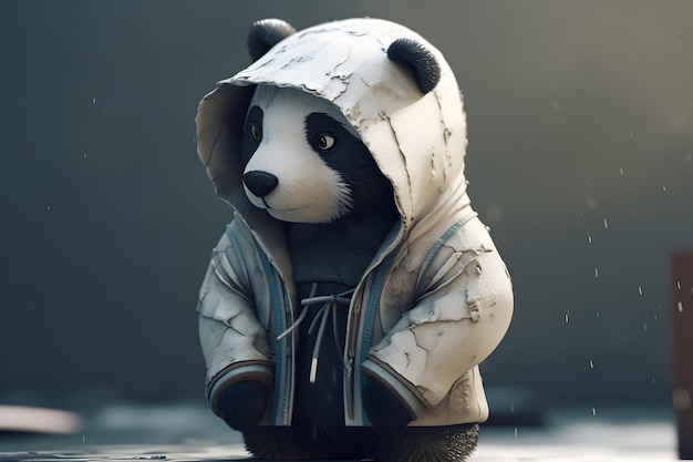 A panda with a hoodie on