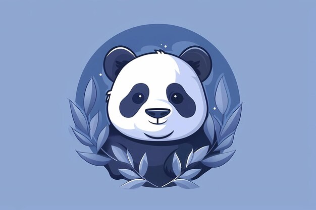 Panda with leaves cartoon style illustration in blue tones illustration in a circle on a blue bac