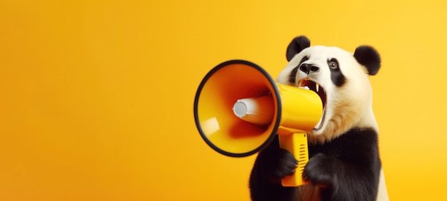 Panda with loudspeaker on yellow background