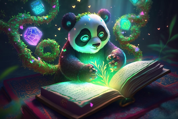 Panda with magic book magic background