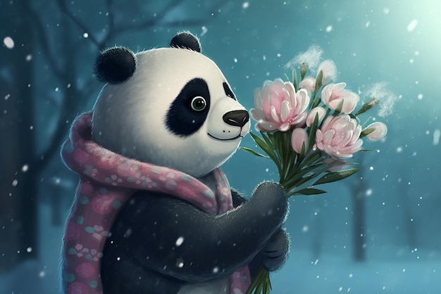 A panda with a pink scarf holds a bouquet of flowers in the snow