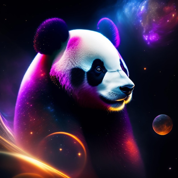 A panda with a purple background and a nebula in the background.