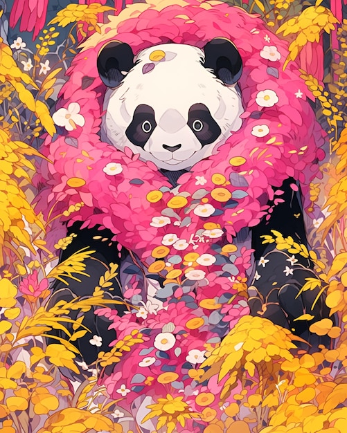 Panda with vibrant flowers