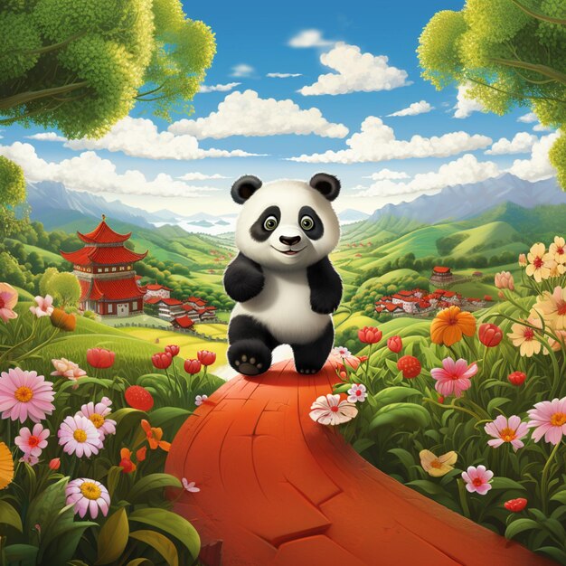 Foto panda zit op een rode baksteen in een tuin met bloemen generatieve ai
