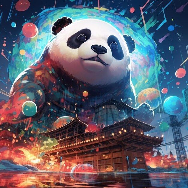 pandabeer in een schilderij in Japanse stijl met veel ballonnen generatieve ai