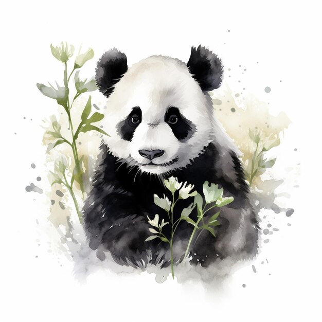 pandabeer zittend in het gras met bloemen en planten generatieve ai
