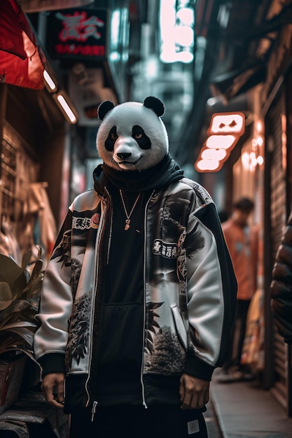 Pandamasked man struts in cyberpunk Japanese streetwear inspired by art and trending on rstreetwear