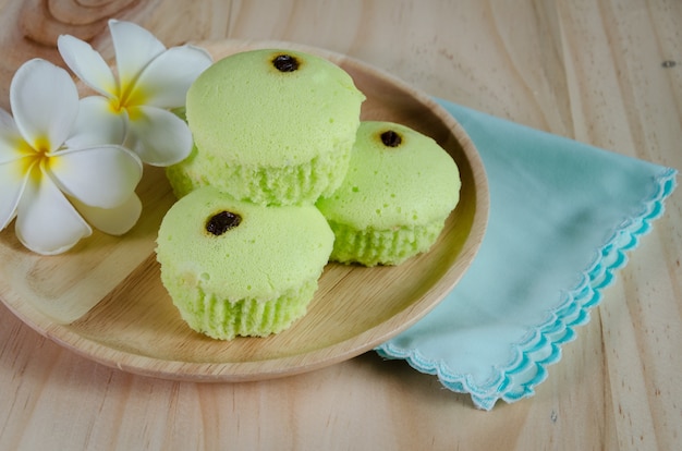 Pandan cake on wood table 