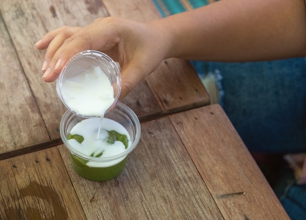 Photo pandan coconut sweets pudding is dessert ancient thailand.