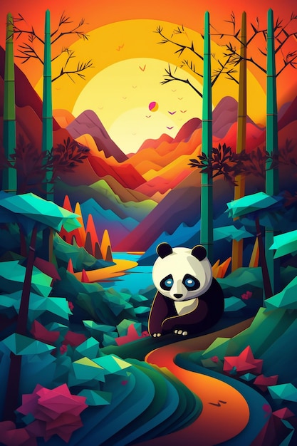 Pandarama 3D Field Origami Wallpaper with a Hungry Bamboo Muncher