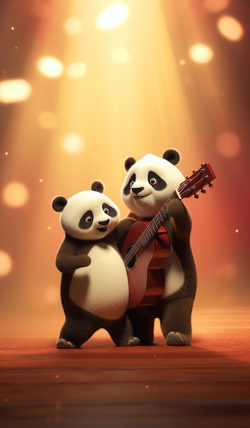 Панды играют музыку вместе в сцене с огнями генеративной ай