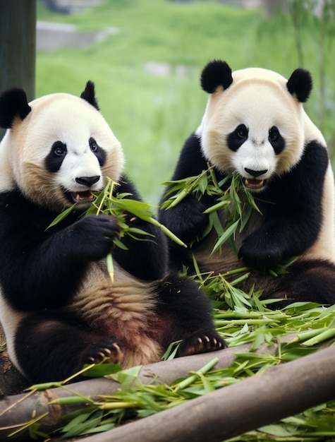pandas eating bamboo leaves in a zoo enclosure with a green grass generative ai