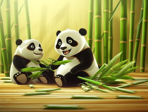 Pandas eating bamboo in a scene from the panda family.