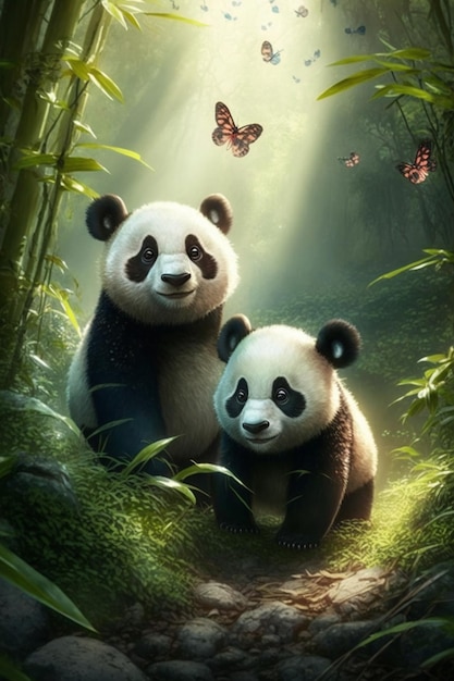 Pandas in the forest with butterflies