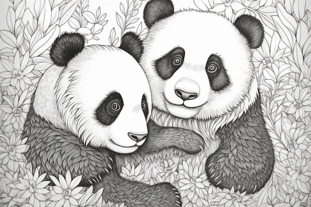 Pandas in the grass, drawing by person