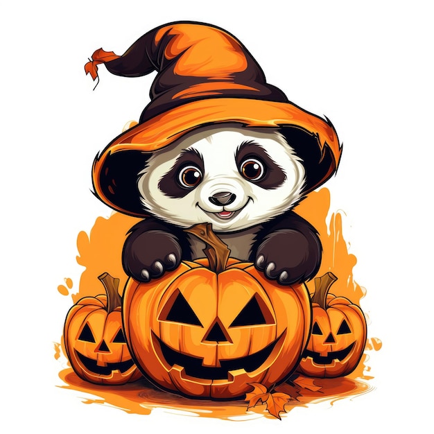 Pandaspooktacular A Cartoon Halloween Journey on a White Canvas